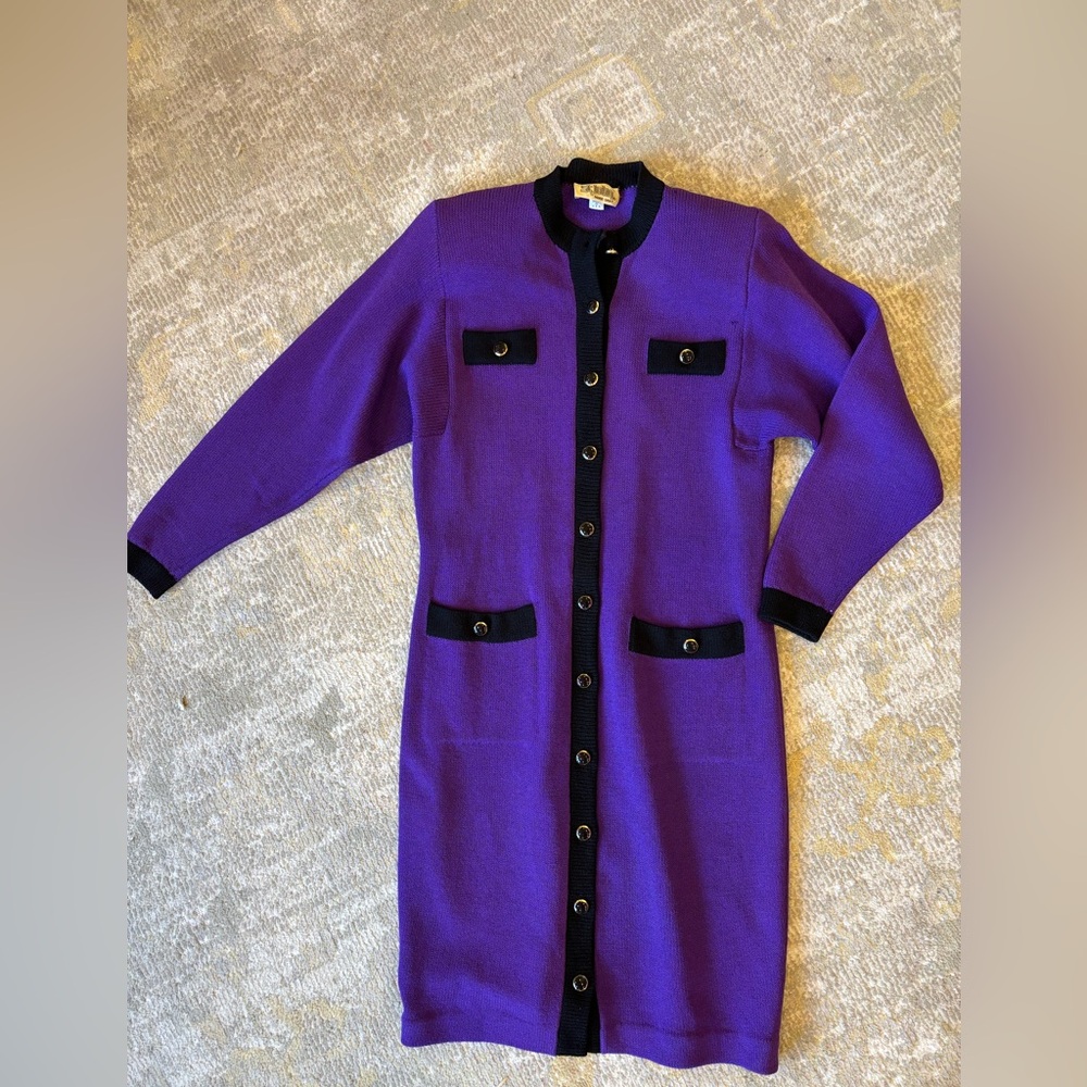 St. John Purple Long Sleeve Cuffed Sweater Dress